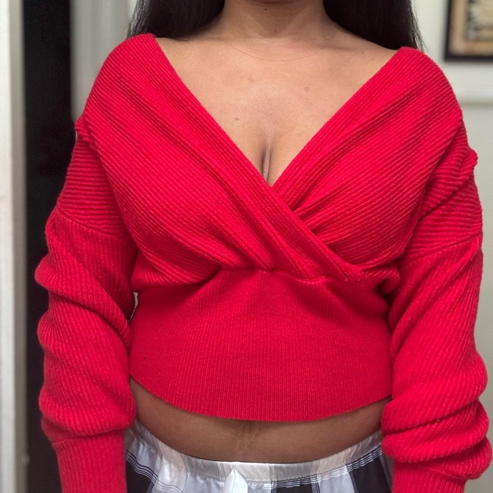 AKIRA Bold Red Off-the-Shoulder Sweater
